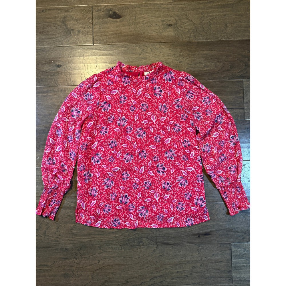 Joie Pink‎ Floral Mock Neck Blouse Smocked Cuff Long Sleeve Top Size M 1255250